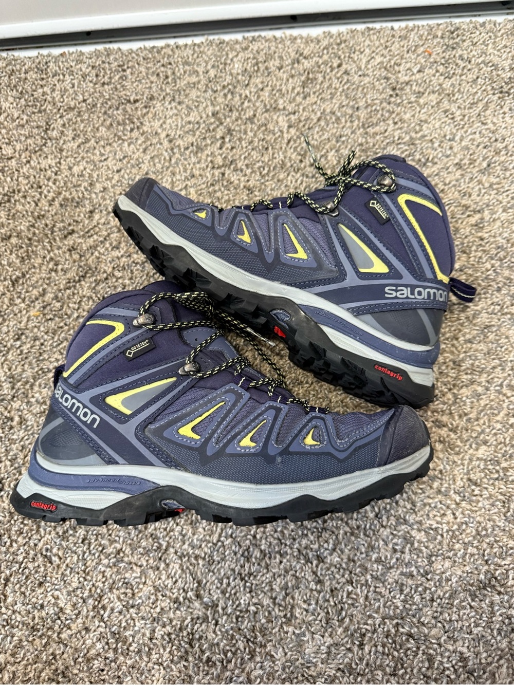Salomon Purple and Black Trail Hiking Boots with Yellow Accents - Picture 2 of 6
